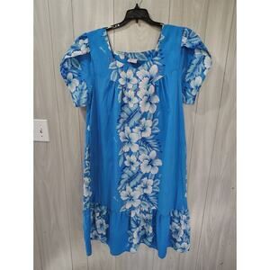 Vintage Kalena Fashions Women Dress Size XL Blue Floral Hawaiian Peplum Hem